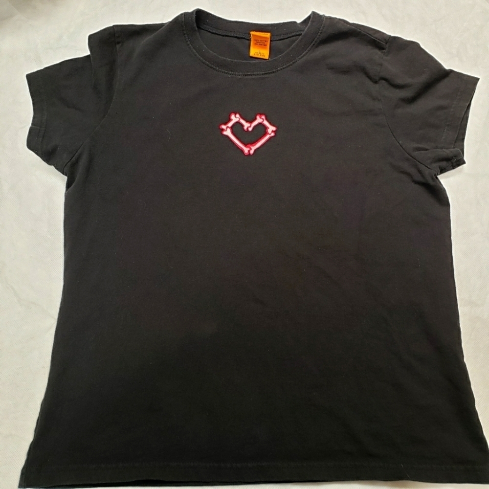 Girls Black Pink Bones Print Halloween Crew Neck Short Sleeve T-shirt Size L